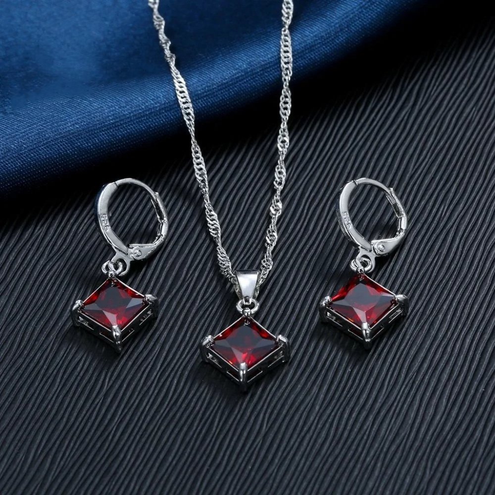 ⭐4pc Bundle Sale⭐ Princess Cut Ruby Pendant And Earrings Set w/ 18" Chain